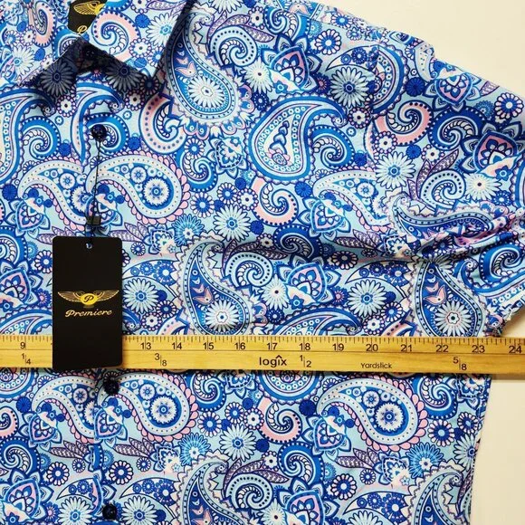 Mens Blue Paisley Short-Sleeve Button-Up Dress Shirt By Premiere Size M - Picture 7 of 8